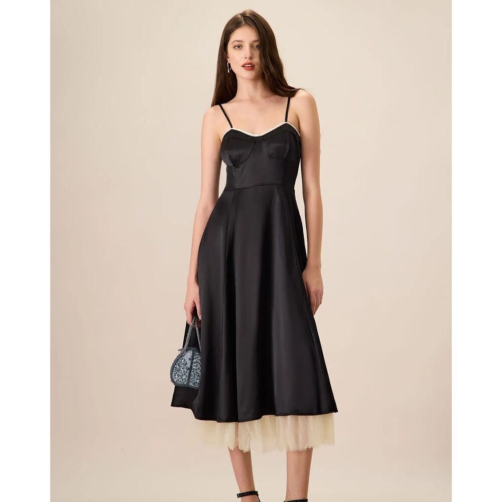 Rihoas Women’s Black Splicing Satin Slip Midi DressTulle Lining Scalloped Trim D